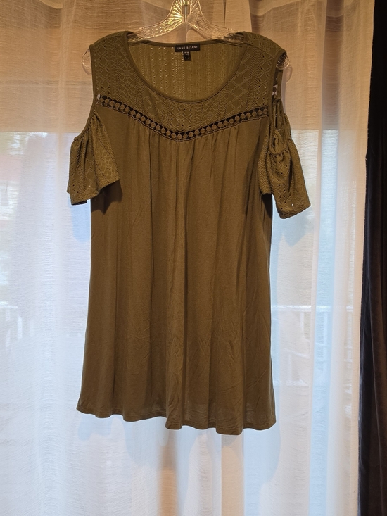 Lane Bryant Tops - Lane Bryant Olive Cold-Shoulder Crochet Yoke Tunic
